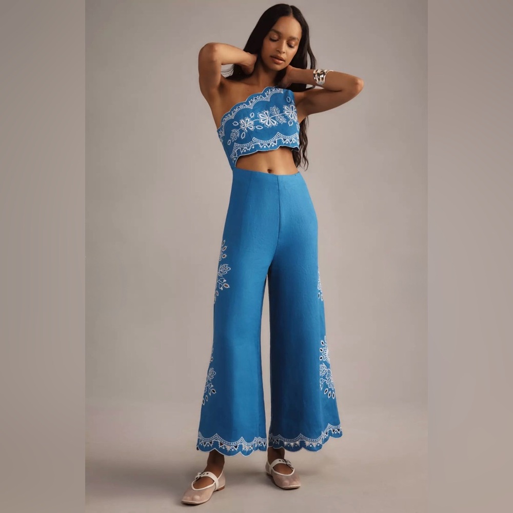 Anthropologie X Farm Rio One Shoulder Embroidered 100% Linen Jumpsuit in XS